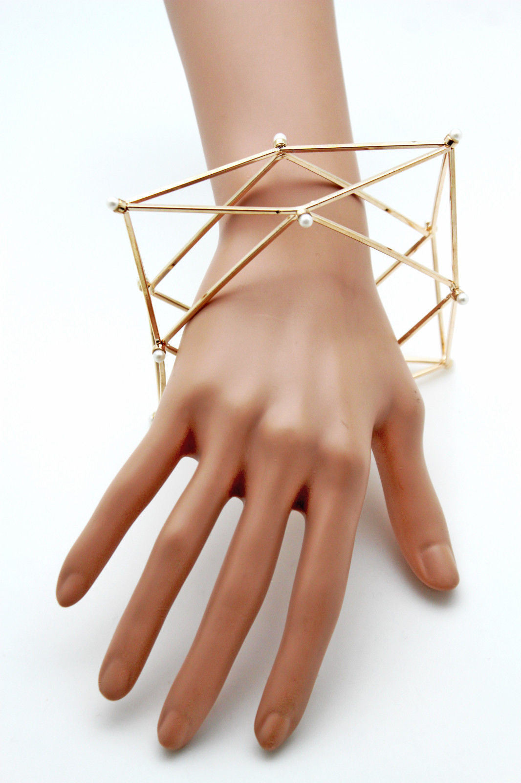Gold Metal Cuff Bracelet Large Geometric Shape Pearl Beads Women Fashion Jewelry Accessories - alwaystyle4you - 3