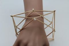 Gold Metal Cuff Bracelet Large Geometric Shape Pearl Beads New Women Fashion Jewelry Accessories - alwaystyle4you - 4
