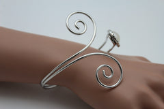 Silver Metal Cuff Bracelet Bangle Geometric Wrap Around Big Bead And Rhinestones Adjustable Women Fashion Jewelry Accessories - alwaystyle4you - 2