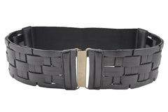 Black Braided Faux Leather Elastic Back Hip Waist Belt Big Antique Gold Buckle New Women Fashion Accessories M L - alwaystyle4you - 2
