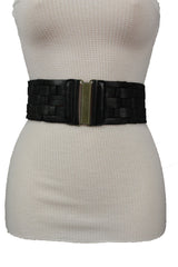 Black Braided Faux Leather Elastic Back Hip Waist Belt Big Antique Gold Buckle New Women Fashion Accessories M L - alwaystyle4you - 3