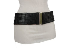 Black Braided Faux Leather Elastic Back Hip Waist Belt Big Antique Gold Buckle New Women Fashion Accessories M L - alwaystyle4you - 8