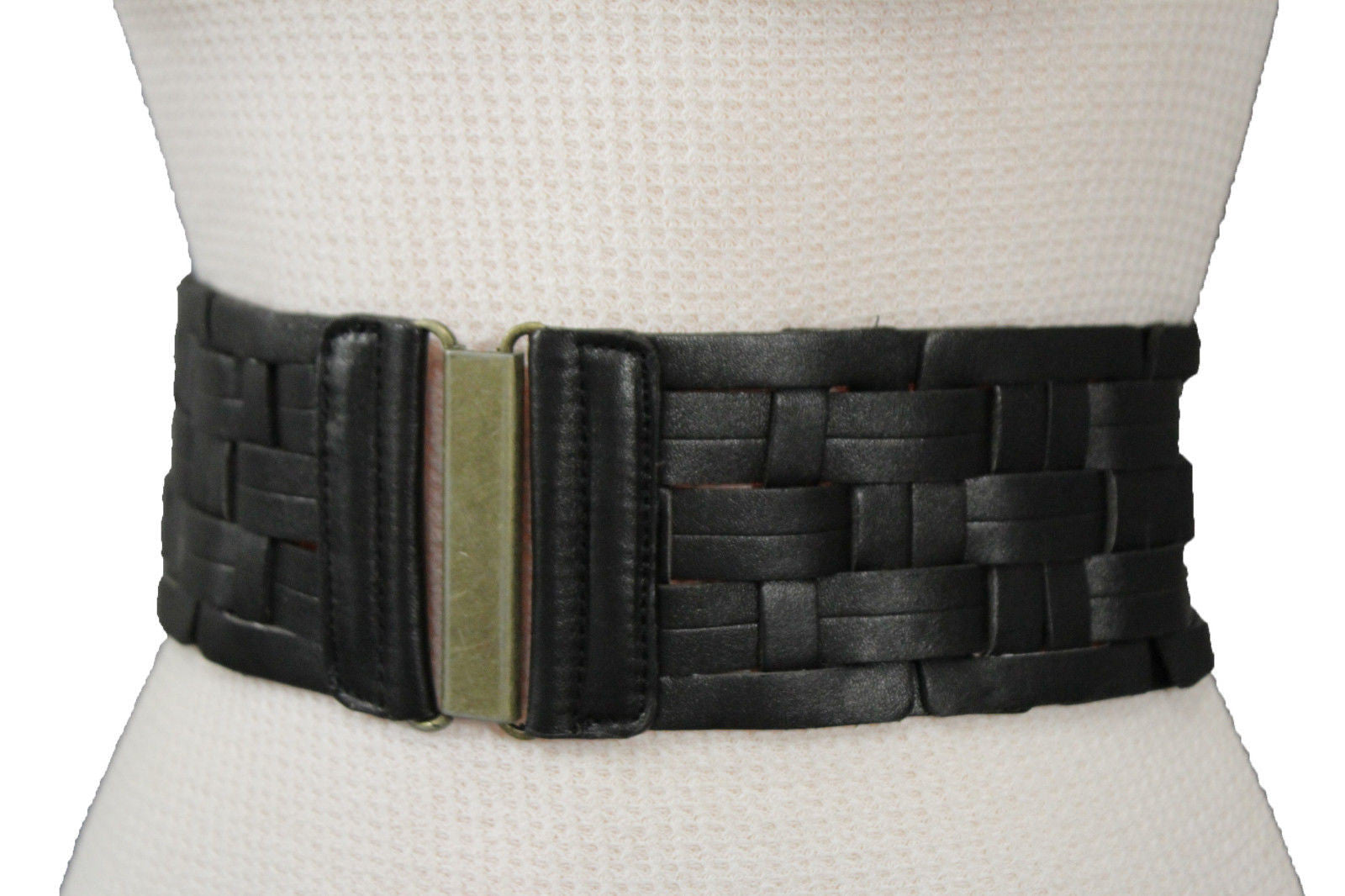 Black Braided Faux Leather Elastic Back Hip Waist Belt Big Antique Gold Buckle Women Fashion Accessories M L - alwaystyle4you - 1