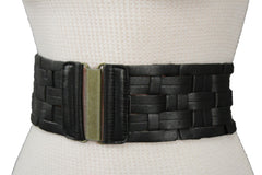 Black Braided Faux Leather Elastic Back Hip Waist Belt Big Antique Gold Buckle Women Fashion Accessories M L - alwaystyle4you - 1