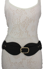 Black Hip Waist Wide Stretch Faux Leather Belt Gold Buckle New Women Fashion Accessories S M - alwaystyle4you - 3