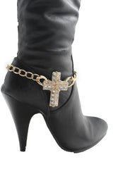 Gold Silver Boot Chain Bracelet Big Rhinestones Cross Western Shoe Accessory Women Ffashion - alwaystyle4you - 1