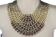 Gold Bronze Chunky Metal Chains 5 Strand Necklace + Earrings Set Women Fashion Jewelry - alwaystyle4you - 1
