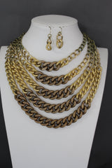 Gold Bronze Chunky Metal Chains 5 Strand Necklace + Earrings Set new Women Fashion Jewelry - alwaystyle4you - 2