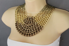 Gold Bronze Chunky Metal Chains 5 Strand Necklace + Earrings Set new Women Fashion Jewelry - alwaystyle4you - 3