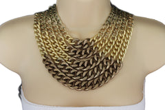 Gold Bronze Chunky Metal Chains 5 Strand Necklace + Earrings Set new Women Fashion Jewelry - alwaystyle4you - 4
