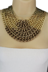 Gold Bronze Chunky Metal Chains 5 Strand Necklace + Earrings Set new Women Fashion Jewelry - alwaystyle4you - 9