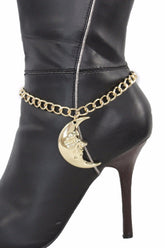 Women Gold Metal Boot Chain Bracelet Anklet Shoe Big Shinny Moon Charm Hot Fashion