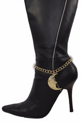 Women Gold Metal Boot Chain Bracelet Anklet Shoe Big Shinny Moon Charm Hot Fashion