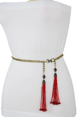 Gold Metal Chain Skinny Belt with Beaded Tassels