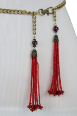 Gold Metal Chain Skinny Belt with Beaded Tassels