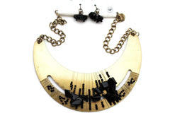 Silver / Gold Metal Chain Plate Black Stone Bead Necklace + Earrings Set New Women Fashion Jewelry - alwaystyle4you - 4