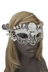 White Silver Leaves And Flower Back Tie Half Face Mask Halloween Carnival Costume Accessories