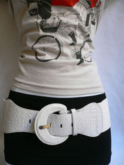 White Crocodile Stamp Hip High Waist Wide Elastic Belt Round Buckle M-XL