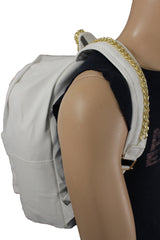 White Cream Faux Leather School Bag Back Pack Travel Gold Metal Chains Women Men
