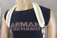 White Cream Faux Leather School Bag Back Pack Travel Gold Metal Chains Women Men