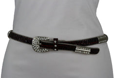 Women Red Black Faux Leather Narrow Waistband Western Fashion Belt Buckle S M