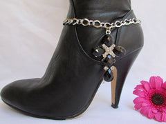 Silver Boot Metal Chain Strap Bling Big Cross Western Anklet Shoe Charm