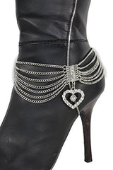 Dangling Rhinestone Heart Charm Multi Strand Metal Boot Chain