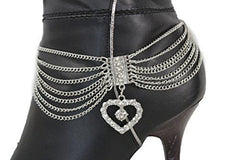 Dangling Rhinestone Heart Charm Multi Strand Metal Boot Chain