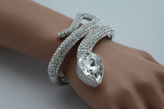 Silver Metal Cuff Bracelet Wrap Around Snake Larg Rhinestones Head New Women Fashion Jewelry Accessories - alwaystyle4you - 1