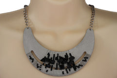 Silver / Gold Metal Chain Plate Black Stone Bead Necklace + Earrings Set Women Fashion Jewelry - alwaystyle4you - 1