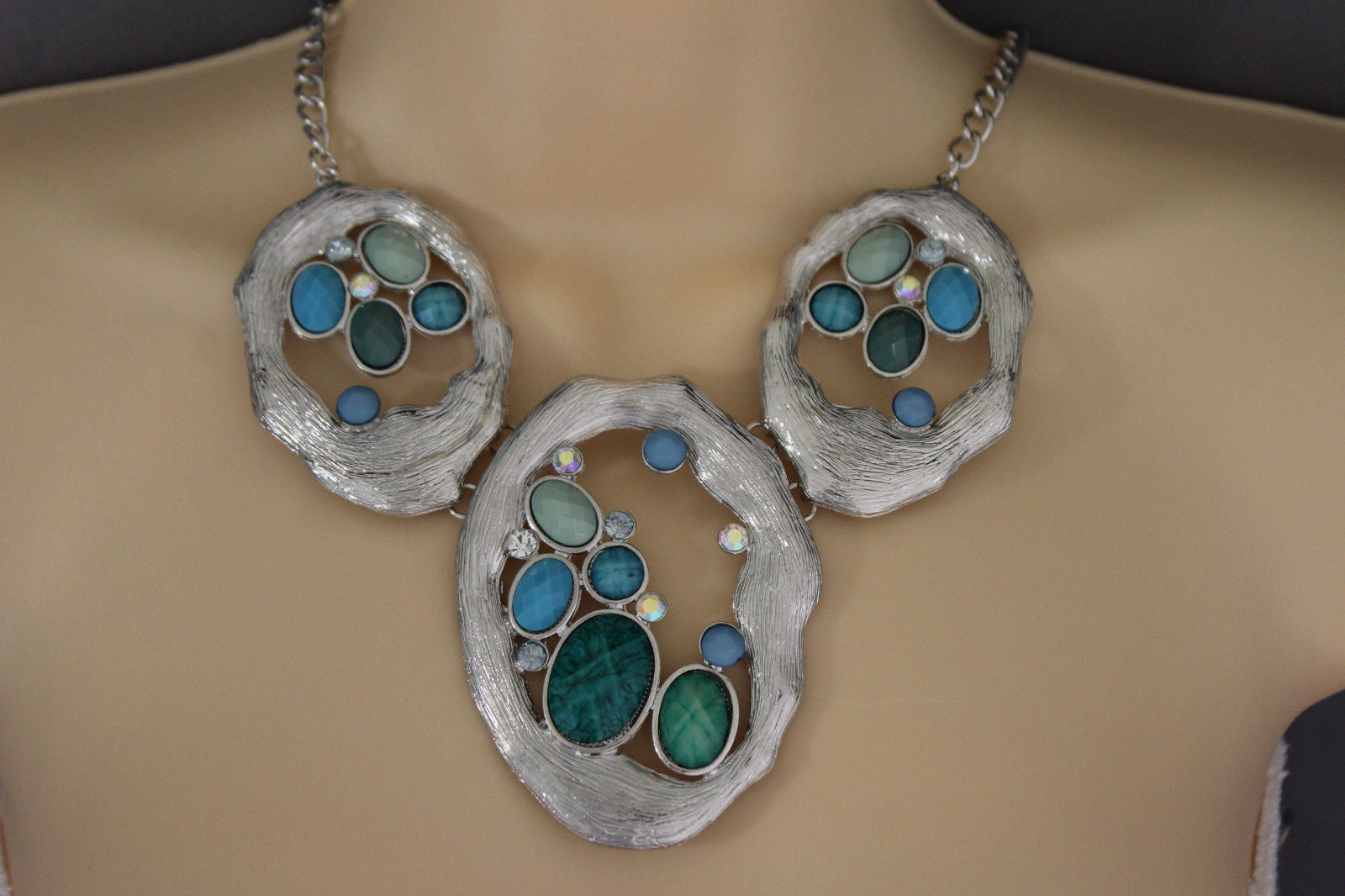 Silver Metal Chains Nautical Charms Turquoise Blue Beads Necklace + Earrings Set Women - alwaystyle4you - 1