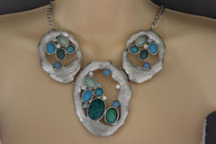 Silver Metal Chains Nautical Charms Turquoise Blue Beads Necklace + Earrings Set Women - alwaystyle4you - 1