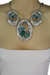 Silver Metal Chains Nautical Charms Turquoise Blue Beads Necklace + Earrings Set New Women - alwaystyle4you - 3