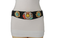 Black Faux Leather Stretch Waist Flowers Boots Horseshoe Star Western Belt S-M