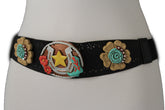 Black Faux Leather Stretch Waist Flowers Boots Horseshoe Star Western Belt S-M