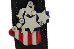 Black Leather Stretch Western Belt Cross State USA Flag S M