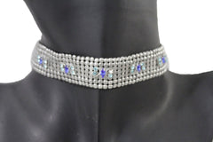 Silver Metal Neck Narrow Choker Necklace Pink Blue Green Butterfly