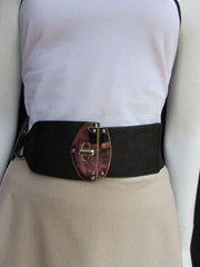 Black Faux Leather Gold Side Ring Wide Elastic Waist Hip Belt Buckle New Women Fashion S M - alwaystyle4you - 4