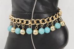 Gold Metal Chains Boot Multi Balls Anklet Shoe Turquoise Blue Women Moroccan Hot Fashion