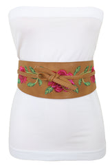 Wide Brown Faux Leather Wrap Asian Kimono Obi Belt Red Flowers S M