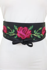 Black Faux Leather with Red Flowers Obi Belt
