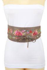 Taupe Beige High Waist Wide Faux Leather Wrap Around Tie Belt Flowers S M