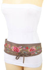 Taupe Beige High Waist Wide Faux Leather Wrap Around Tie Belt Flowers S M