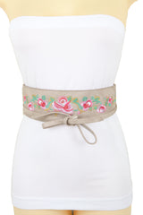 Taupe Beige Faux Leather Wide Wrap Around Tie Kimono Belt Flowers Size S M