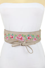 Taupe Beige Faux Leather Wide Wrap Around Tie Kimono Belt Flowers Size S M