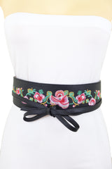 Wide Black Faux Leather Wrap Around Tie Fashion Belt Hip Waist Flowers S M