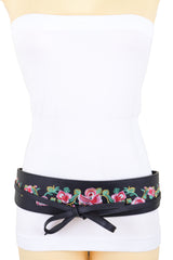 Wide Black Faux Leather Wrap Around Tie Fashion Belt Hip Waist Flowers S M