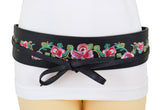 Wide Black Faux Leather Wrap Around Tie Fashion Belt Hip Waist Flowers S M