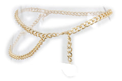 Women Belt Gold Metal Chain Links Narrow Waistband Hip High Waist Size XS S M