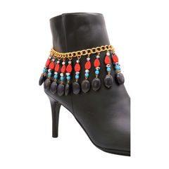 Gold Metal Boot Chain Bracelet Shoe Red Turquoise Beads Charm